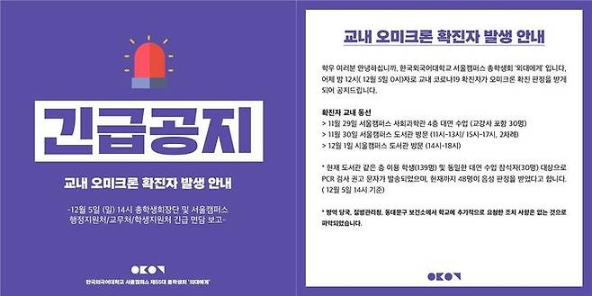 [서울=뉴시스] 한국외국어대학교 서울캠퍼스에서 코로나19 오미크론 확진자 발생을 공지한 사회관계망서비스(SNS) 카드뉴스. (사진=한국외대 총학생회 페이스북 캡처). 2021.12.05. photo@newsis.com *재판매 및 DB 금지