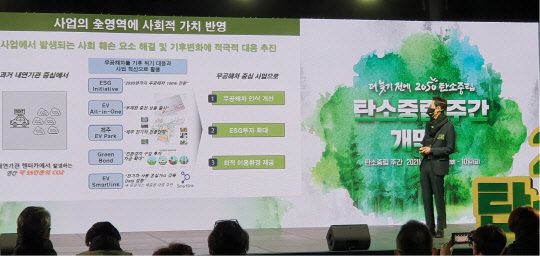 장봉걸 SK렌터카 ESG경영실장이 6일 서울 마포구 문화비축기지에서 열린 '탄소중립 주간' 개막 행사에서 발표를 하고 있다. SK렌터카 제공
