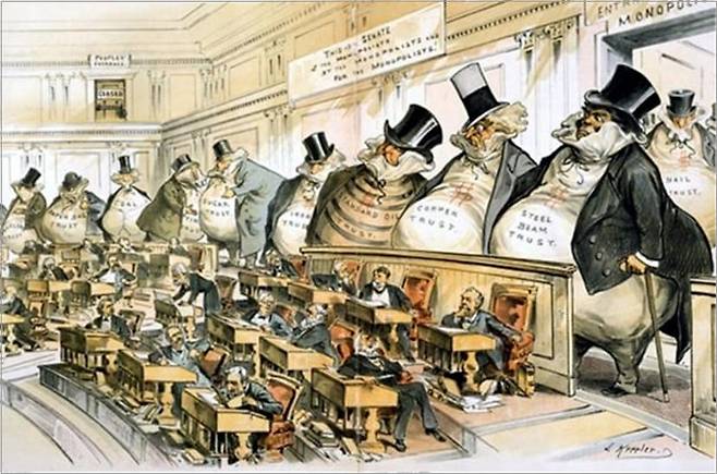 ▲ 19세기 미국 삽화가·만화가 조셉 케플러가 그린 '의원들의 주인들' (The Bosses of the Senate, 1889년 1월23일)