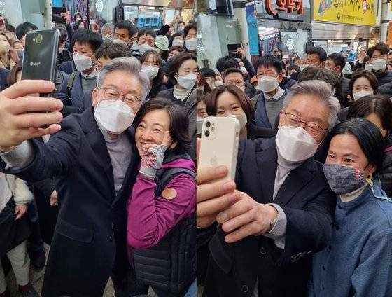 지난달 12일 울산 중구 울산중앙전통시장을 찾은 이재명 더불어민주당 대선 후보가 시민들의 휴대전화를 직접 건네받아 들고 사진을 찍고 있다. 김준영 기자
