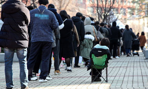 신종 코로나바이러스 감염증(코로나19) 신규 확진이 사상 최다인 7175명을 기록한 8일 오후 서울 마포구 경의선 서강대역 인근 선별진료소에서 한 어린이가 휴대용 의자에 앉아 차례를 기다리고 있다. 연합뉴스