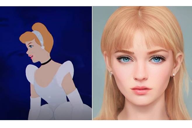 신데렐라를 AI로 실사화 한 사진 [디즈니코리아 유튜브 공식영상, 아트브리더 소셜미디어(@artbreeder_anime)]
