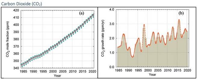 (왼 : 이산화탄소 농도, 오 : 이산화탄소 증가율, 자료 : WMO)