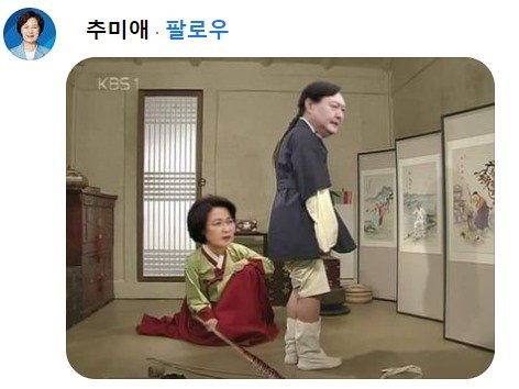 지난 8일 추미애 전 법무부 장관이 김성회 열린 민주당 대변인 페이스북에 댓글 형태로 올린 합성사진. 추 전 장관은 윤석열 후보 종아리를 회초리로 때린 사진에 대해 무소불위의 검찰 잘못을 꾸짖기 위해서였다고 설명했다. © 뉴스1 /사진=뉴스1