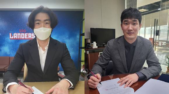SSG 랜더스는 박종훈, 문승원(이상 투수)와 KBO리그 최초로 비 FA 다년계약을 맺었다고 14일 밝혔다. [사진=SSG 랜더스]