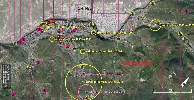 The circles in the map show clusters of locations reportedly used for public executions in Hyesan, North Korea. The Kim Jong-un regime conducts public executions mainly at two places (pink circles) , both far from the border with China and the central area of the Hyesan city in Ryanggang Province. (Transitional Justice Working Group)