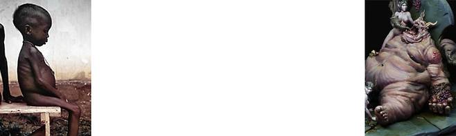 단테는 지옥에 떨어진 대식가들 사이에서 피렌체의 부유한 은행가이던 차코(Ciacco)를 발견했다. 너무 먹고 마신 나머지 실명했다고 한다. 한쪽은 굶주리고 있고, 한쪽은 지나치게 먹고 있다. 권력·자본·자원을 독차지하려는 ‘대식의 욕심’은 아이의 굶주린 모습과 극명하게 대비된다.