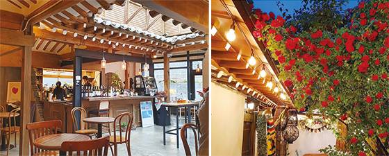 서순라길 매장은 한옥 스타일로 꾸며져 있는 경우가 많다. 사진 왼쪽은 한옥 서까래를 인테리어에 활용한 카페 ‘헤리티지클럽’, 아래 한옥을 리모델링한 레스토랑 ‘살롱순라’. (나건웅 기자)