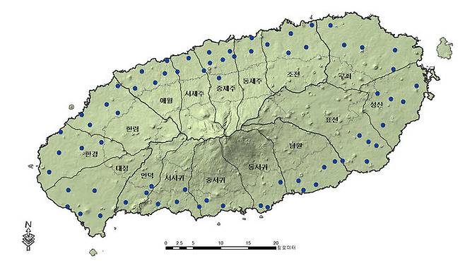 제주도 지하수 기준 수위 측정망 분포도