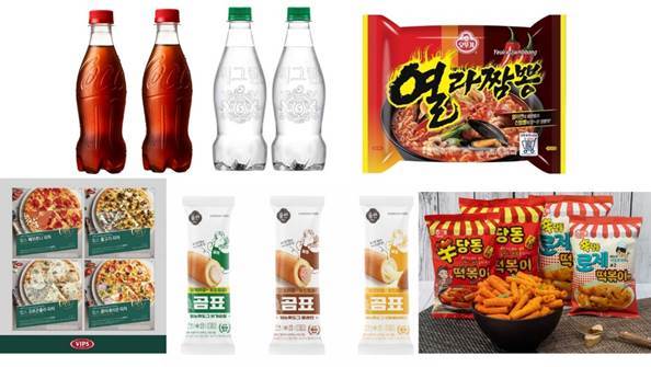 (좌측부터 시계방향): 코카-콜라 컨투어 라벨프리, 씨그램 라벨프리, 오뚜기 열라짬뽕, 해태제과 신당동 떡볶이 2종, 신세계푸드 올반X곰표 핫도그 3종, CJ푸드빌 빕스 피자 4종 (각사 제공)