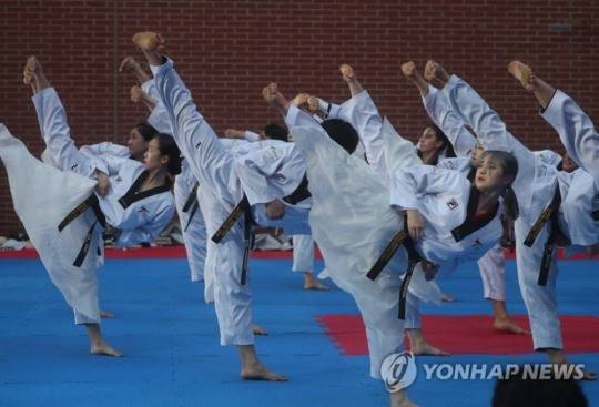 해외 태권도 시범단이 구령에 따라 옆차기 시범을 보이고 있다. [연합뉴스 자료사진]