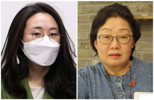 신지예(왼쪽) 국민의힘 '새시대준비위원회' 수석부위원장과 오세라비 작가. 국회사진기자단, 연합뉴스