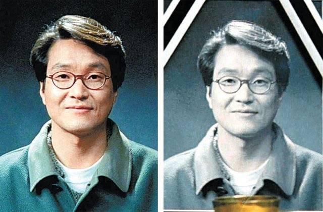 영화 ‘8월의 크리스마스’에서 죽음을 예감한 정원은 자신의 영정 사진을 찍고(왼쪽 사진), 이 사진은 실제 영정 사진으로 사용된다. 싸이더스 제공