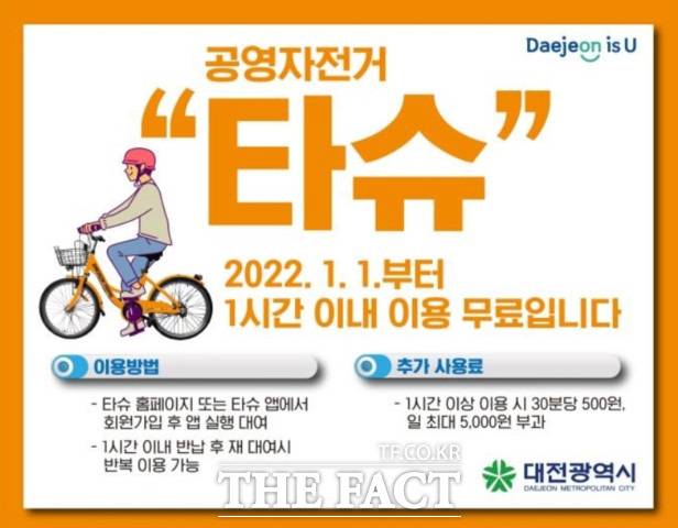 대전시 공영자전거 '타슈'가 내년부터 1시간 이내 이용할 경우 무료다. / 대전시 제공