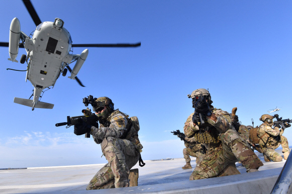- 25일 열린 동해영토수호 훈련에 참가한 해군 특전요원(UDT)들이 해상기동헬기(UH-60)로 독도에 전개해 사주경계를 하고 있다. 2019.8.25 해군 제공