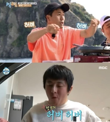 공중파의 예능프로그램인 '1박2일'(위)과 '나혼자산다'(아래)에서 자막으로 '허버허버'가 사용된 장면. KBS, MBC 제공