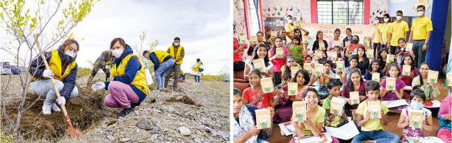 몽골 울란바토르 하나님의 교회 성도들이 바양골구 생태공원에 500그루의 나무를 심었다(왼쪽). 하나님의 교회는 인도 푸네의 보육원에 5종의 나무를 기증하고, ‘나의 꿈’을 주제로 그림대회를 열어 아이들의 미래를 응원했다.