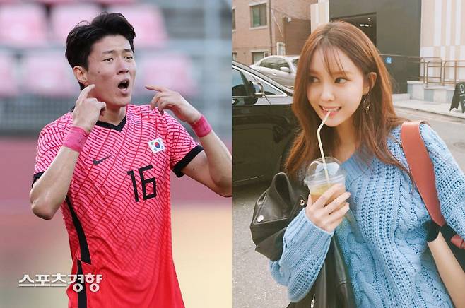 황의조(왼쪽)와 티아라 효민이 3개월째 열애 중으로 이들의 알프스 데이트 사진도 공개됐다. 연합뉴스