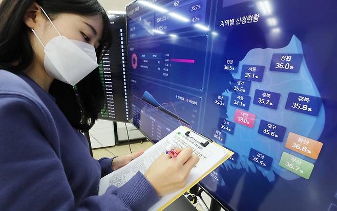 지난달 27일 오후 대전시 중구 보문로 소상공인시장진흥공단 상황실에서 관계자들이 방역지원금 접수상황을 점검하고 있다. /연합뉴스