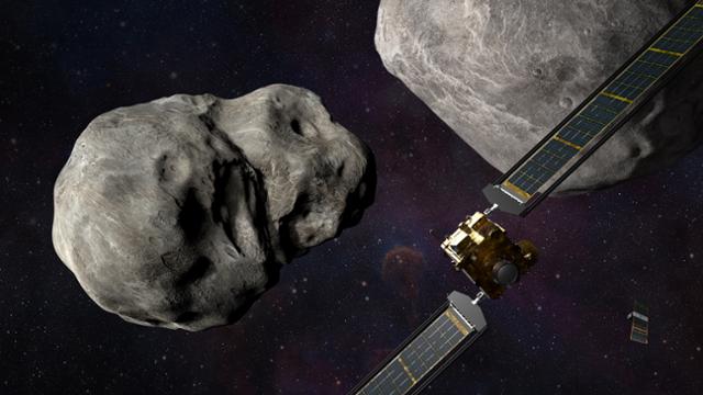 우주선이 지구에 근접한 소행성 디모르포스와 디디모스의 궤도를 바꾸기 위해 다가가는 모습을 담은 상상도. NASA 제공