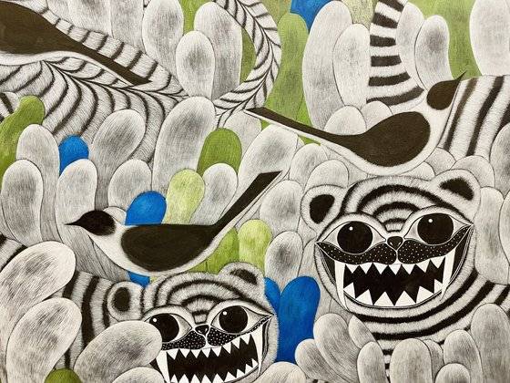 김정연의 호작고우( 虎鵲故友) 중 일부. 수채화용 캔버스,먹과 호분, 분채, 2021. [사진 이은주]