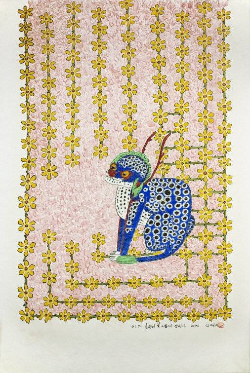 신태수, 아기 호랑이 꽃그물에 갇히다 , 91x61, 한지에 먹과 채색, 2022. [갤러리세인]