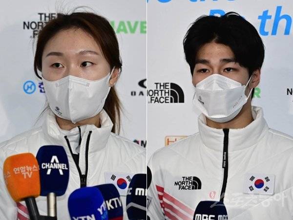 5일 충북 진천국가대표선수촌에서 열린 ‘2022 베이징 동계올림픽 G-30 미디어데이’ 종목별 공개 훈련에 앞서 쇼트트랙 최민정(왼쪽), 황대헌이 인터뷰를 하고 있다. 진천 | 주현희 기자 teth1147@donga.com