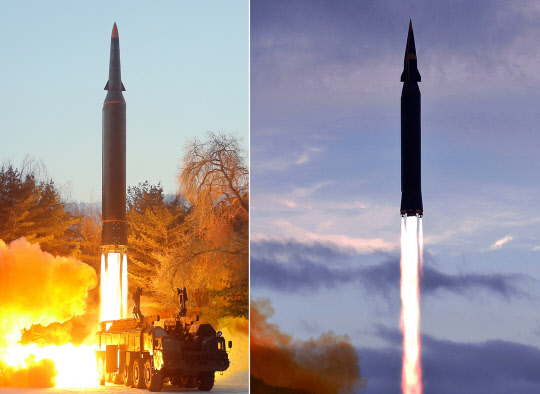 6일 조선중앙통신이 북한이 전날 극초음속 미사일을 시험 발사했다고 보도했다. 사진은 전날 발사한 극초음속 미사일(왼쪽)과 작년에 발사한 화성-8형(오른쪽)의 비교모습. 탄두부 모양이 다소 다른 모습이다. 연합뉴스 자료사진.