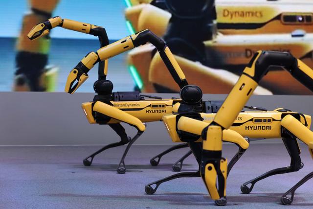 CES 2022에 참가한 현대자동차그룹이 5일 미국 네바다주 라스베이거스 컨벤션센터에 마련된 전시장에서 로봇개 '스팟'이 음악에 맞춰 춤을 추고 있다. 뉴스1