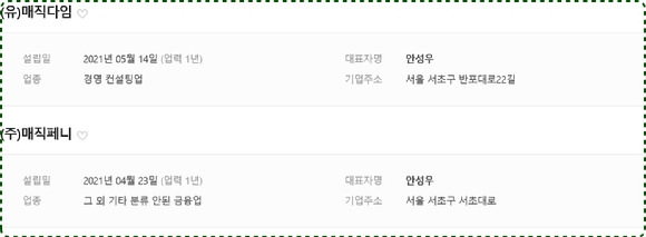안성우 직방 대표가 지난해 4월과 5월 각각 설립한 '매직페니'와 '매직다임' 기업정보. [사진=사람인 홈페이지]