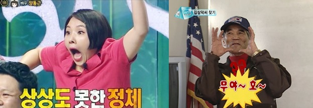 2017년 ‘복면가왕’에 방영된 신봉선의 ‘ㄴㅇㄱ’ 짤(왼쪽)과 2010년 3월 6일 방영된 '무한도전'의 무야호 장면(오른쪽). MBC 캡처