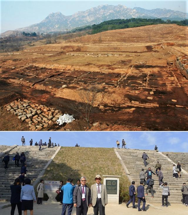 만월대 서측 구역 건물지군에 유구가 노출된 상황. 오른쪽 끝에 중심건축축과 단차를 볼 수 있다. 국립문화재연구소 제공. 아래는 만월대로 오르는 33계단. 세계문화유산 표지판이 보인다.