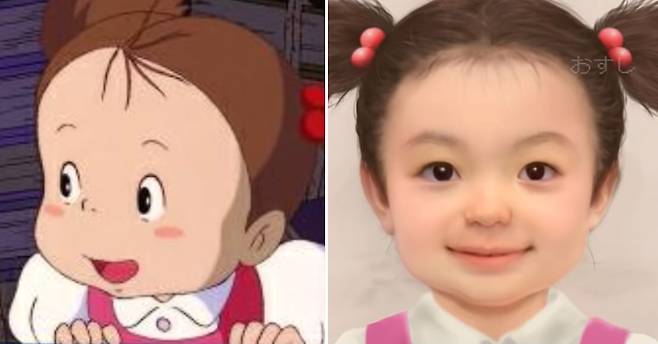 일본 애니메이션 ‘이웃집 토토로’의 주인공 ‘메이’(왼쪽)가 사람의 형상으로 구현된 모습. [유튜브 캡처]