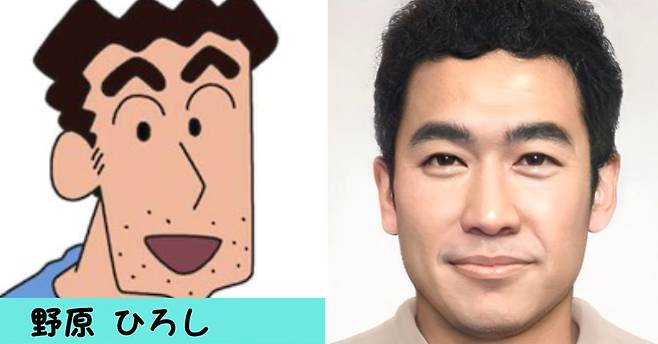 ‘짱구는 못말려’의 짱구 아빠(왼쪽)과 그가 실사화된 모습. [유튜브 캡처]