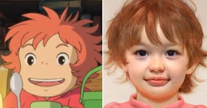 ‘벼랑 위의 포뇨’에서 ‘포뇨’(왼쪽)와 그의 실사화 이미지. [유튜브 캡처]