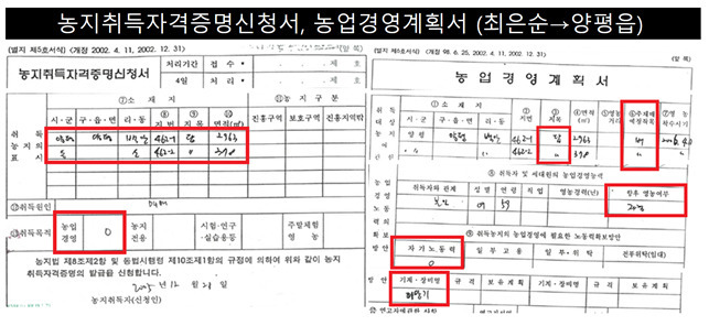 더불어민주당 선대위 현안대응TF가 공개한 윤석열 국민의힘 대선후보 장모 최은순 씨의 농지취득자격정명신청서와 농업경영계획서