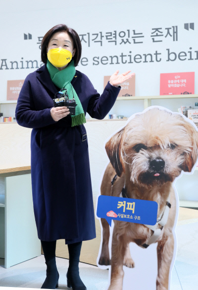 심상정 정의당 후보가 9일 경기 파주 카라 더봄센터에서 반려동물 생애복지 공약을 발표하고 있다.  연합뉴스