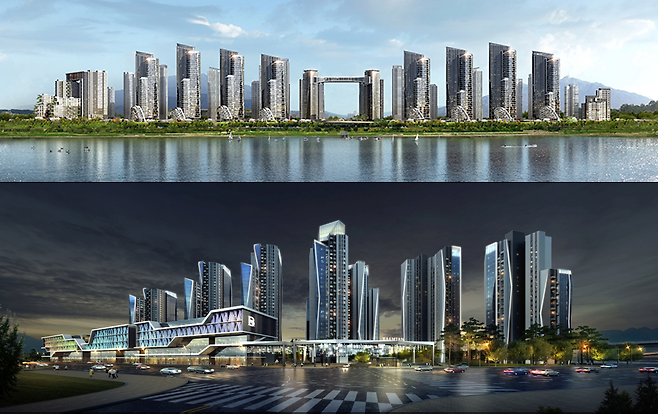 반포주공1단지 1·2·4주구를 재건축한 '디에이치 클래스트' 조감도(위), 3주구를 재건축한 '구반포 프레스티지 바이 래미안' 조감도./각 사