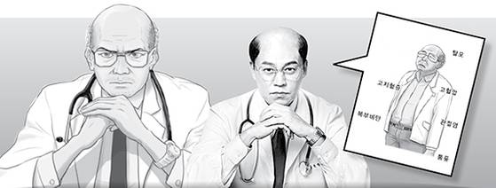 현실에 찌든 대머리 중년 의사를 내세워 인기를 얻은 네이버 웹툰 ‘내과 박원장’의 주인공 박원장(왼쪽)과 동명의 드라마에서 박원장 역을 맡은 배우 이서진. [사진 네이버 웹툰·티빙]