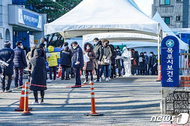 목포시에서 6일 44명의 신규 감염자가 발생해 역대 최다를 기록한 가운데 목포보건소 선별진료소에 코로나19 검사를 받으려는 시민들이 길게 줄을 섰다.(목포시 제공)2022.1.7/뉴스1 © News1