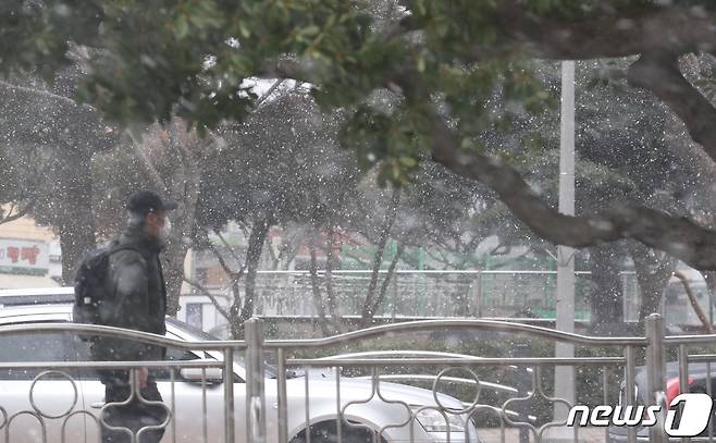 제주 산지에 대설 특보가 발효된 11일 오전 눈 내리는 제주시 오라동 거리에서 시민이 발걸음을 옮기고 있다. 2022.1.11/뉴스1 © News1 오현지 기자