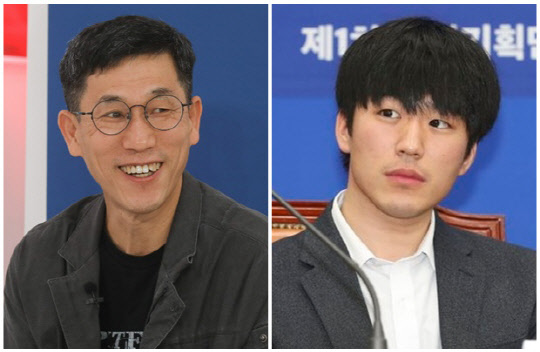 진중권(왼쪽) 전 동양대학교 교수와 황희두 민주연구원 이사. <연합뉴스>