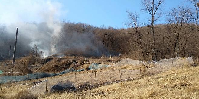 [화성=뉴시스] 경기 화성시 야산에 F-5 전투기 1대 추락. 2022.1.11. (사진=독자 제공) *재판매 및 DB 금지