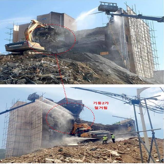[광주=뉴시스] 변재훈 기자 = 광주 동구 학동 재개발사업 정비 4구역 붕괴 참사 발생 건축물 철거 과정. 참사 당일인 올해 6월9일 굴착기를 올릴 흙더미를 쌓은 뒤 철거를 시작한 모습. (사진=광주경찰청 수사본부 제공) 2021.07.28. photo@newsis.com *재판매 및 DB 금지