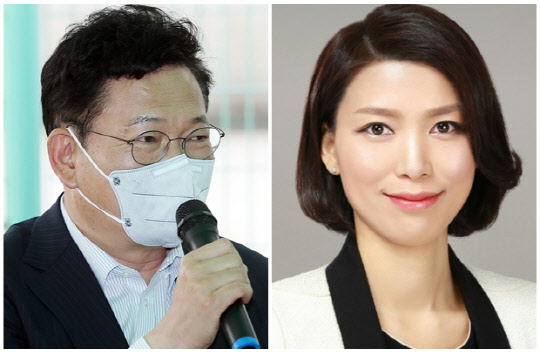 송영길(왼쪽) 더불어민주당 대표와 김정화 전 민생당 대표. <연합뉴스>