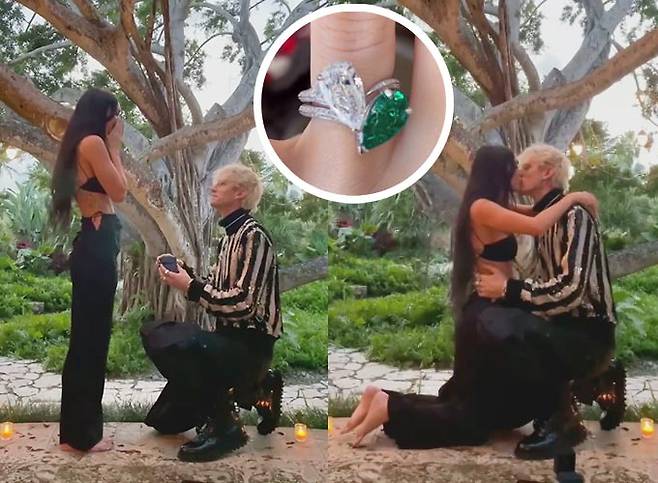 할리우드 배우 메간 폭스에게 그의 4살 연하 남자친구인 래퍼 머신건켈리가 청혼하는 모습과 메간 폭스가 받은 프러포즈 반지./사진=메간 폭스, 머신 건 켈리 인스타그램