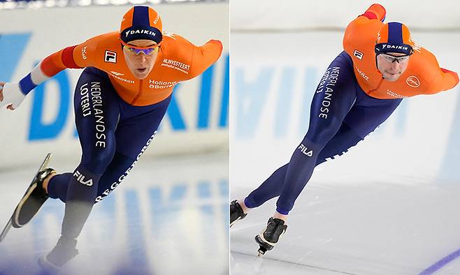 남녀 스피드스케이팅의 전설 이레인 뷔스트와 스벤 크라머가 사실상의 마지막 올림픽이 될 2022 베이징동계올림픽에서 또 하나의 메달을 노린다. 사진은 지난 8일 네덜란드 헤이렌베인에서 열린 2022 유럽선수권대회에서 뷔스트(왼쪽 사진)와 크라머가 질주하는 모습. 헤이렌베인=로이터·AP연합뉴스