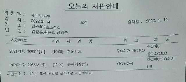 대구지법에 게시된 오늘의 재판안내에 신천지 교회 손해배상 건이 게시돼 있다. 김민규 기자