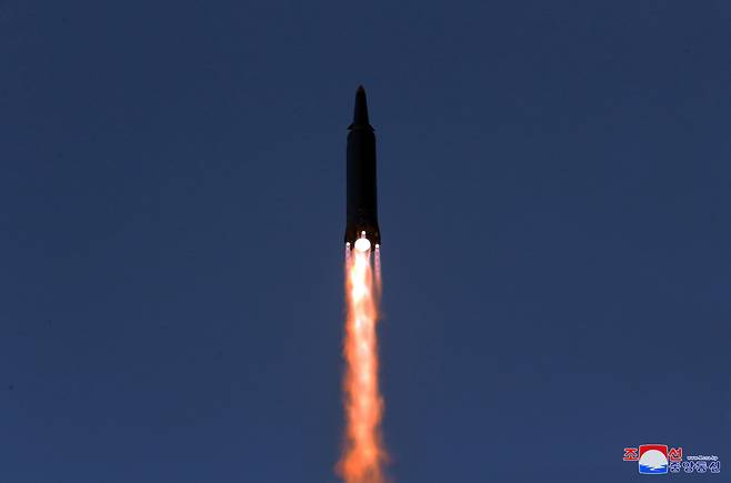 This photo, released by North Korea`s official Korean Central News Agency on Wednesday, shows what the North claims to be a new hypersonic missile being launched the previous day. (KCNA-Yonhap)