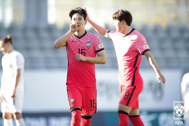 대한민국 축구 대표팀 김진규가 15일(한국시간) 터키 안탈리아 마르단 스타이움에서 열린 아이슬란드와의 친선전에서 득점 후 기뻐하고 있다. (대한축구협회 제공) 2022.1.15/뉴스1